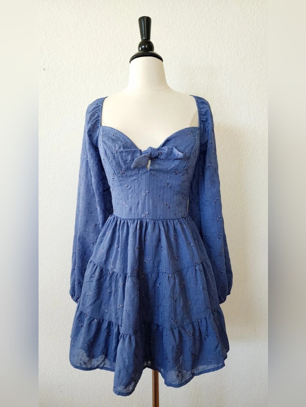 Blue Long-Sleeve Tiered Mini Dress